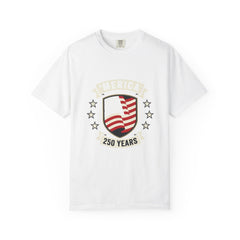 America 250 Years Flag Shield T-Shirt — Patriotic 250th Anniversary Tee