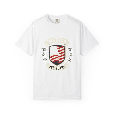 America 250 Years Flag Shield T-Shirt — Patriotic 250th Anniversary Tee