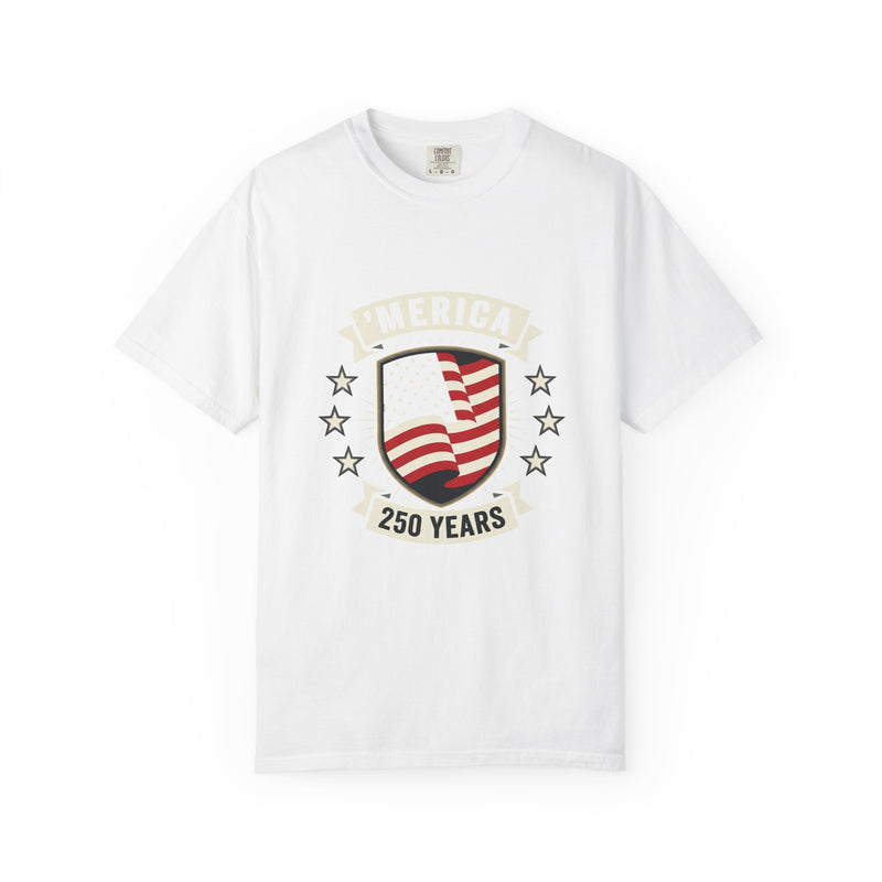 America 250 Years Flag Shield T-Shirt — Patriotic 250th Anniversary Tee