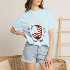 America 250 Years Flag Shield T-Shirt — Patriotic 250th Anniversary Tee