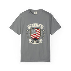 America 250 Years Flag Shield T-Shirt — Patriotic 250th Anniversary Tee