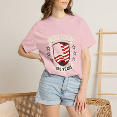 America 250 Years Flag Shield T-Shirt — Patriotic 250th Anniversary Tee