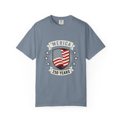 America 250 Years Flag Shield T-Shirt — Patriotic 250th Anniversary Tee