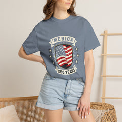 America 250 Years Flag Shield T-Shirt — Patriotic 250th Anniversary Tee