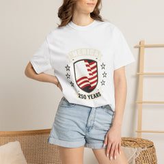 America 250 Years Flag Shield T-Shirt — Patriotic 250th Anniversary Tee