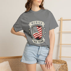 America 250 Years Flag Shield T-Shirt — Patriotic 250th Anniversary Tee