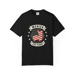America 250 Years Flag Shield T-Shirt — Patriotic 250th Anniversary Tee